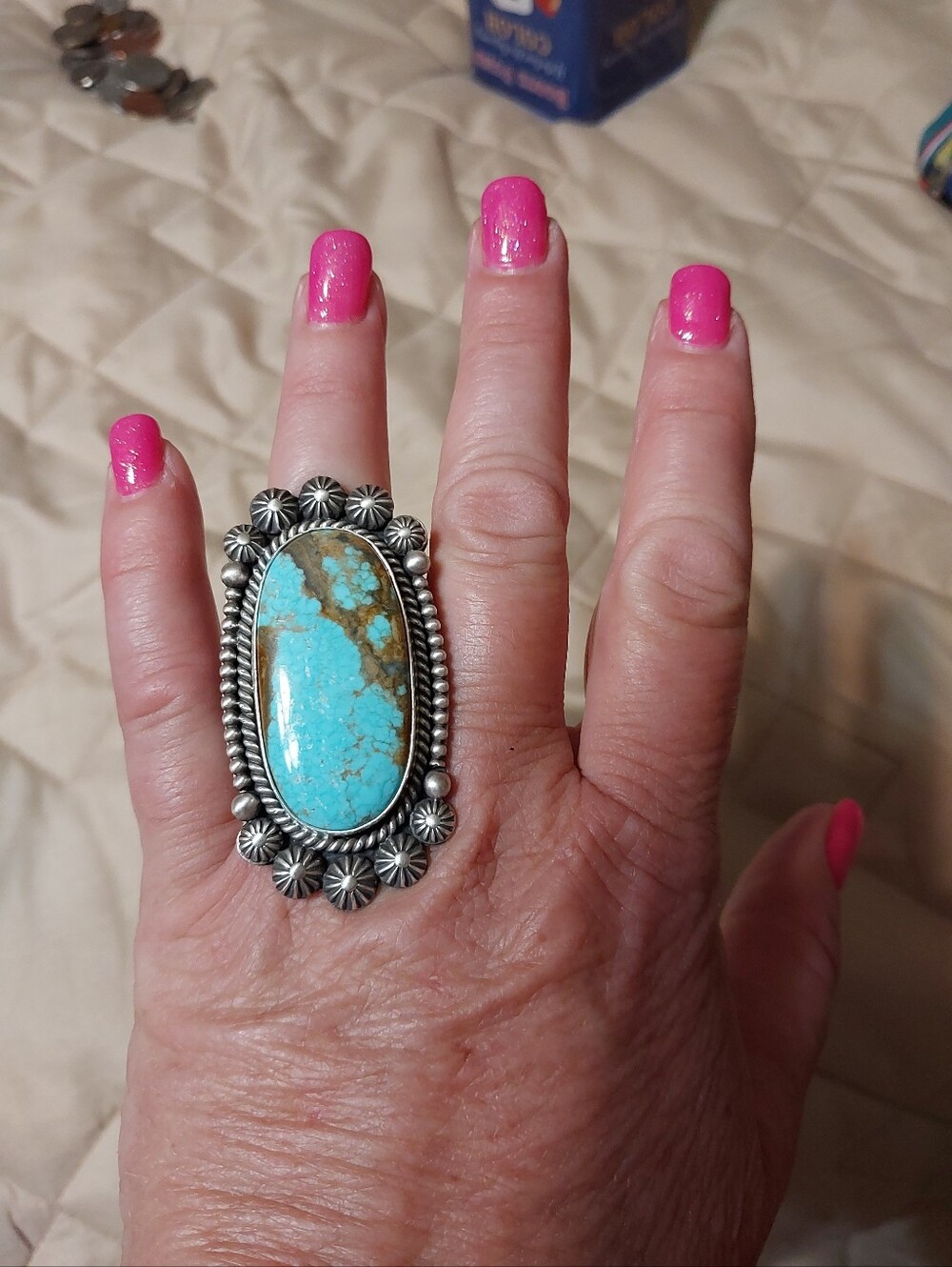 Turquoise Statement Cocktail Ring - Silver Floral Setting - Turquoise Stamped